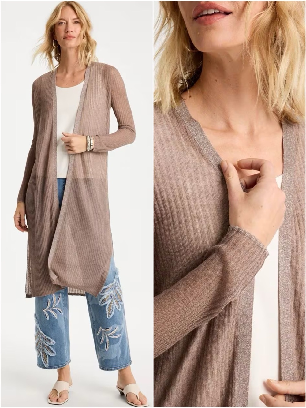 NWT Chico’s golden shimmering duster, mid length open front cardigan